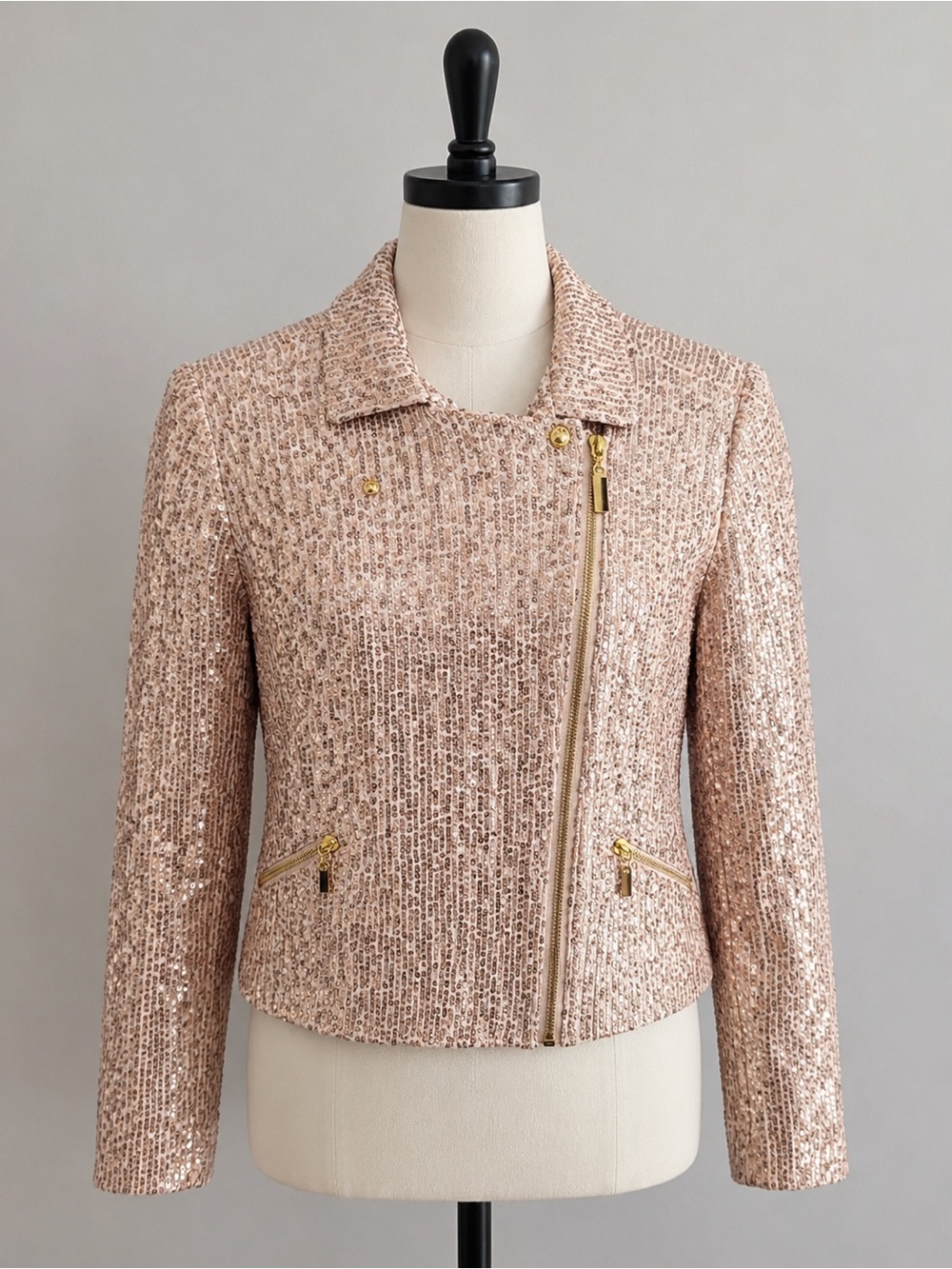 Venus Women’s Size 4 Rose Gold Sequin Moto Jacket Gold Zippers Cropped Party
